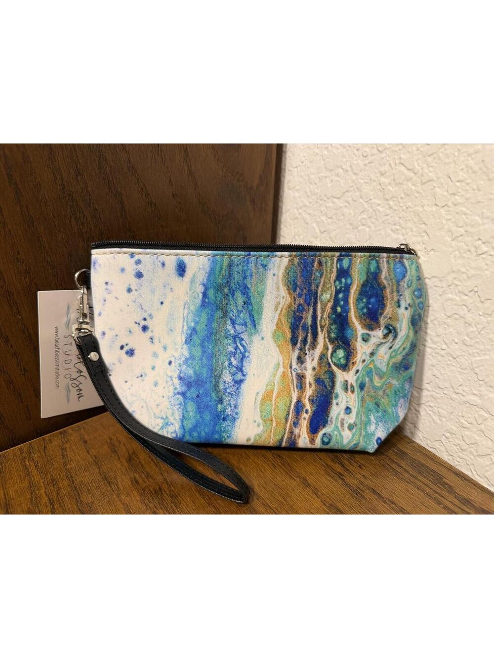 Beach Blossom Studio Abstract Art Wristlet Coastal Blue & Gold Cosmetic Pouch